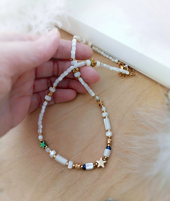 Зірка намисто чокер білий золотий гематит зірки перламутр натуральний лава на шию подарунок дівчині Луцк - изображение 4