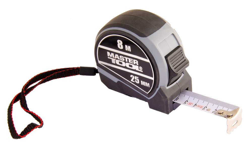 Рулетка MASTERTOOL 8 м×25 мм фиксатор полотна кнопка STOP нейлоновое покрытие металлическая накладка Харків - зображення 1