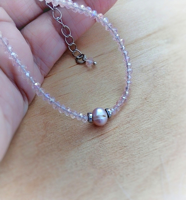 Кольє чокер намисто рожевий кришталь намистини натуральна перлина камінь гематит Луцьк - зображення 5