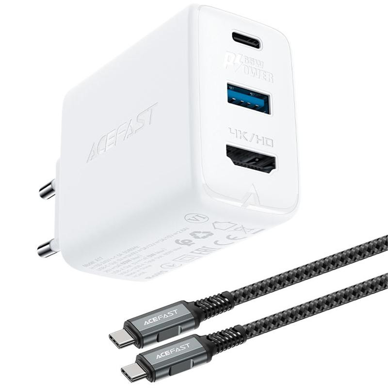 СЗУ Acefast A17 PD65W GaN (1USB-A/1C/1HDMI) + кабель Type-C to Type-C Херсон - изображение 2