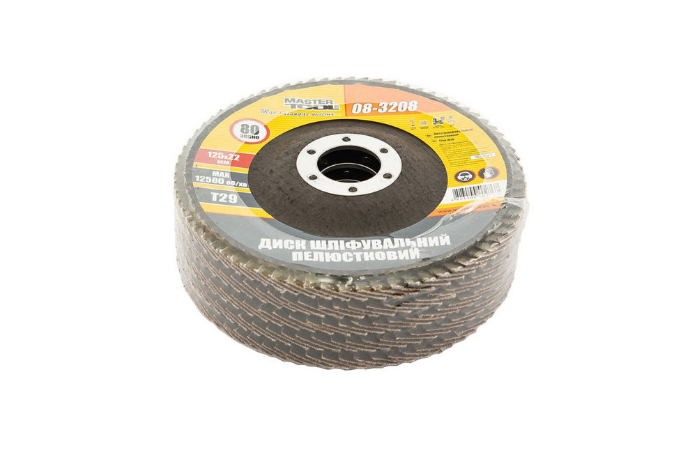 Диск шлифовальный лепестковый конусный MASTERTOOL Т29 зерно 80 125х22 мм 5 шт 08-3208PC Харьков - изображение 2