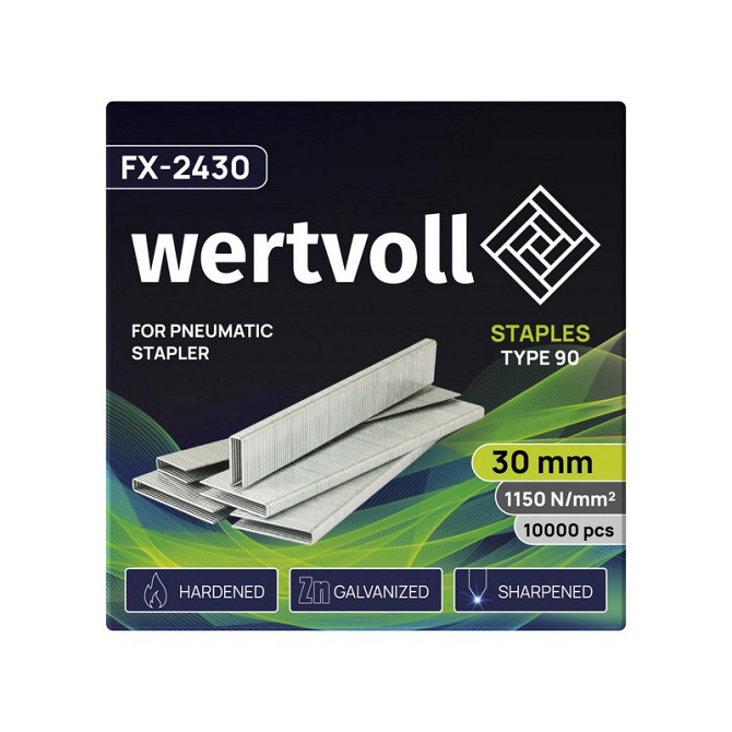 Скобы закаленные для пневмостеплера WERTVOLL тип 90 30 мм/5.8х1.25 мм 10000 шт FX-2430 Харків - зображення 2