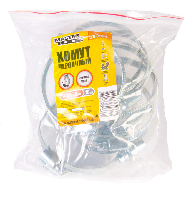 Хомут червячный MASTERTOOL German type W1 DIN 3017 9.0 мм Ø 50-70 мм 10 шт 20-1984 Харків - зображення 1