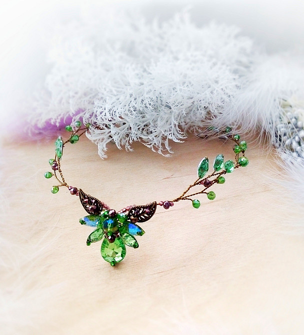 Ельфійський набір прикрас каффа діадема гілка кулон зелений салатовий колір бронза Луцьк - зображення 4