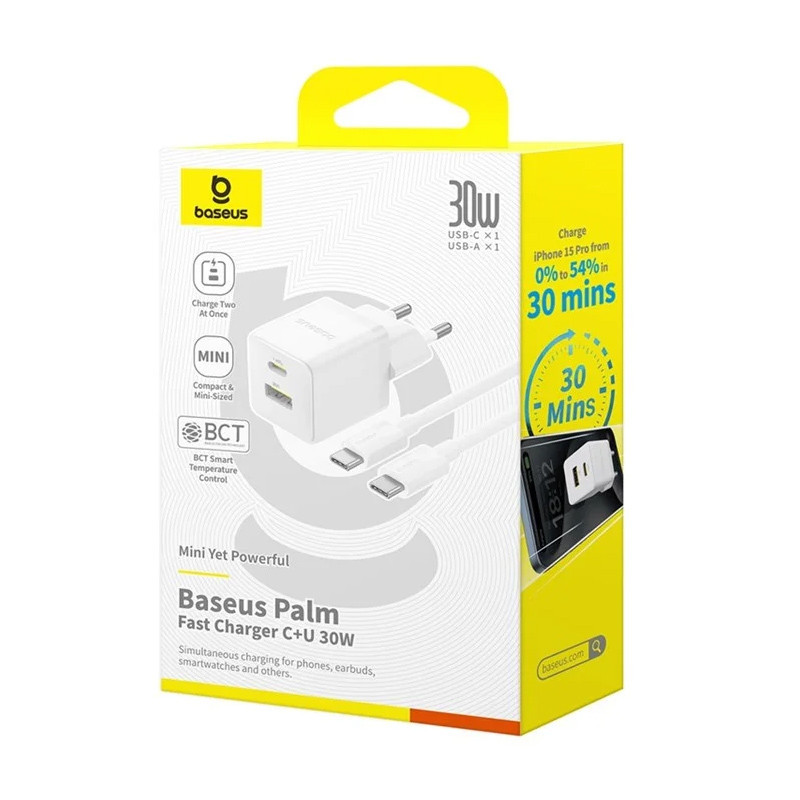 СЗУ Baseus Palm Fast Charger 30W (1USB-A/1C) + кабель Type-C to Type-C (P1011160A) Херсон - зображення 6
