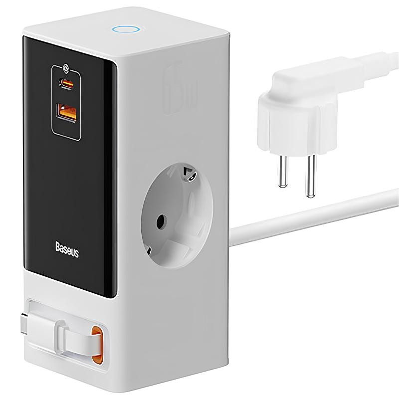 СЗУ Baseus OS PowerCombo Digital PowerStrip+Retractable-C 65W (1USB-A/1C/2Socket) (1.5m) (PSLR000) Херсон - зображення 1