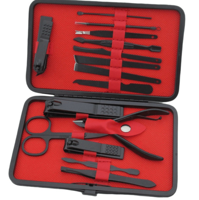 Набор инструментов для ухода ногтей 14765 15 предметов черный с красным Київ - зображення 1