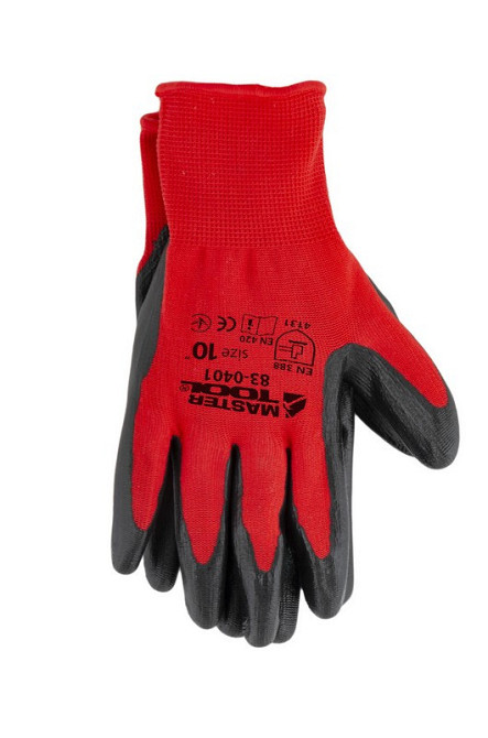 Перчатки трикотажные бесшовные MASTERTOOL нитриловое покрытие ладони 10" 4121X красно-черные 83-0401 Харків - зображення 2