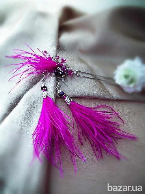 сережки Ретро з пір'ям страус синій фуксія сірий бежевий блакитний Луцк - изображение 3