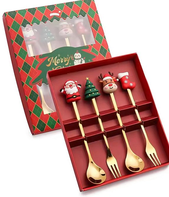 Набор десертных приборов новогодних Leeseph Merry Christmas золотые 4 шт Одеса - зображення 1