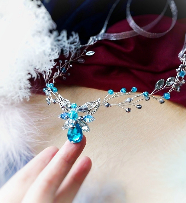 Ельфійська діадема срібний блакитний гілка обідок обруч косплей листя крапля фентезі виступ Луцьк - зображення 1