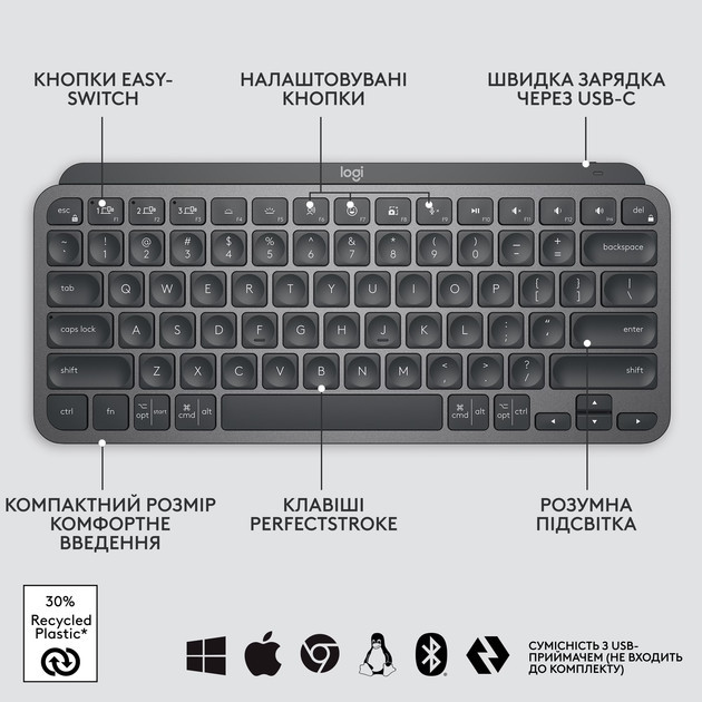 Клавиатура компьютерная безпроводная Logitech MX Keys Mini Illuminated Graphite L920-010498 графитов Киев - изображение 6