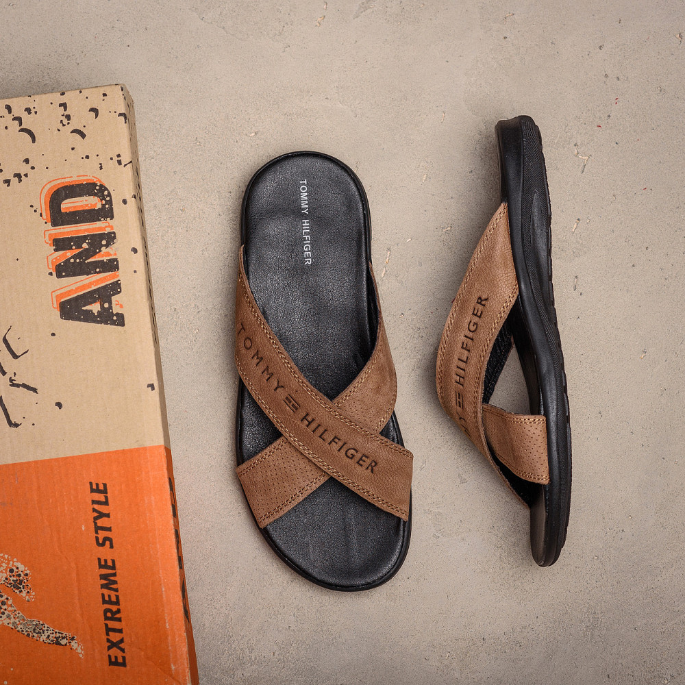 Мужские кожаные  летние шлепанцы-сланцы Tommy Hilfiger coffee Київ - зображення 7
