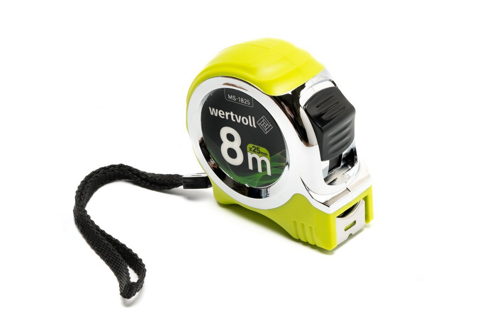 Рулетка WERTVOLL 8 м х 25 мм фиксатор полотна кнопка STOP покрытие TPR нейлоновое покрытие противоск Харків - зображення 2