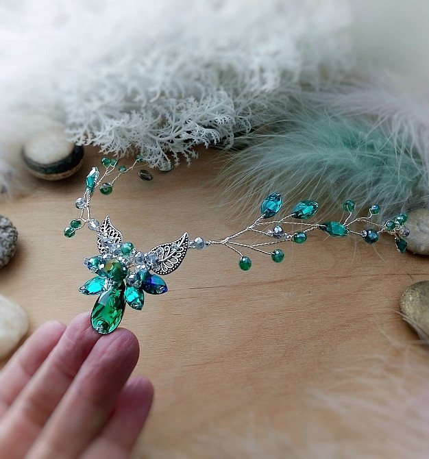 Ельфійська діадема тіара гілка смарагдовий зелений бірюзовий срібний ельф косплей тематичне свято Луцьк - зображення 1