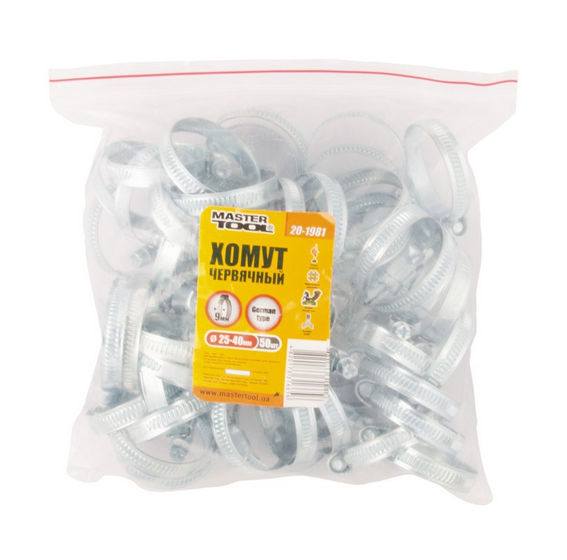 Хомут червячный MASTERTOOL German type W1 DIN 3017 9.0 мм Ø 25-40 мм 50 шт 20-1981 Харків - зображення 2