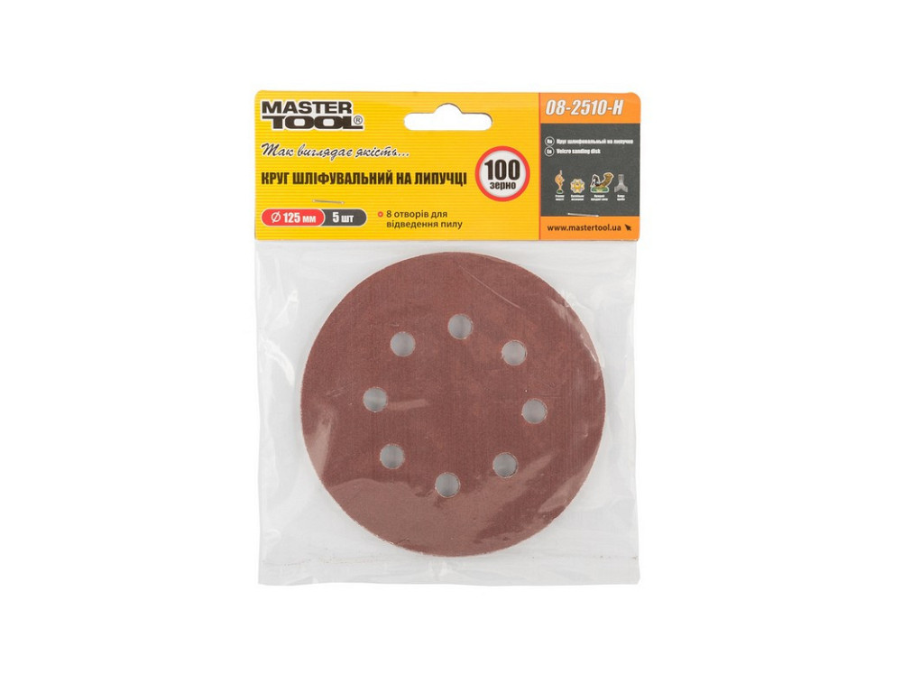 Круг шлифовальный на липучке MASTERTOOL 125 мм/8 отв P100 набор 5 шт 08-2510-H Харьков - изображение 4