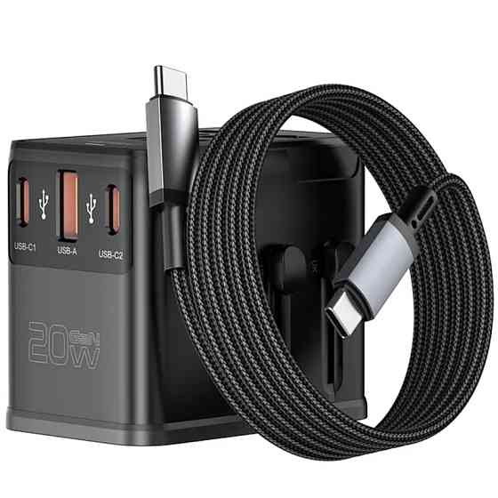 Сетевой универсальный переходник WIWU UA013 20W GaN + 1USB-A/2C with retractable cable Type-C Херсон
