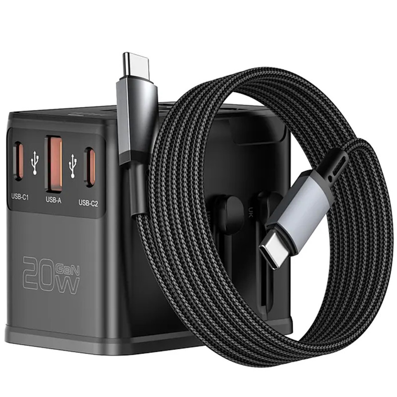 Сетевой универсальный переходник WIWU UA013 20W GaN + 1USB-A/2C with retractable cable Type-C Херсон - изображение 1