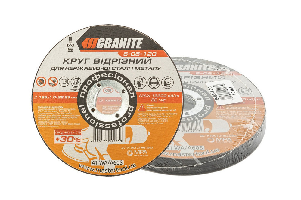 Диск абразивный отрезной для металла и нержавеющей стали GRANITE PROFI +30 125х1.0х22.2 мм 10 шт 8-0 Харьков - изображение 1