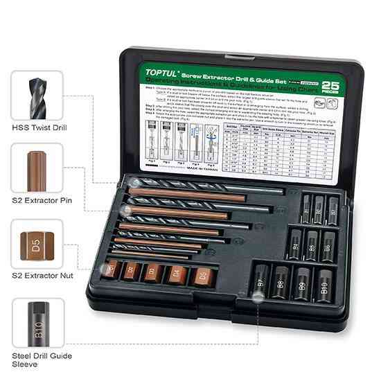 Набор экстракторов, сверл и направляющих для извлечения сломанных резьбовых винтов 25ед. TOPTUL JGEW Харьков