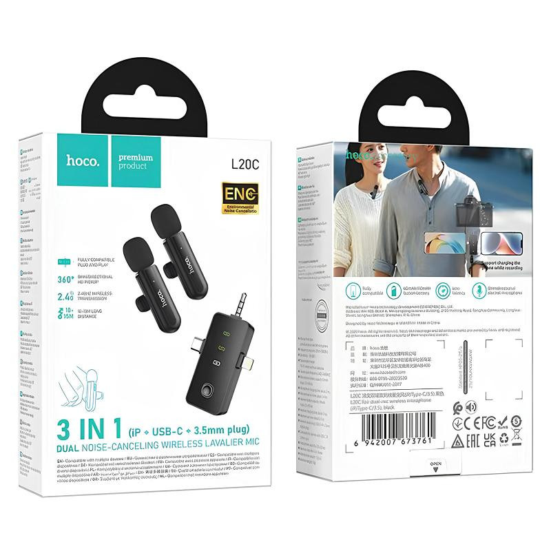 Петличный беспроводной микрофон Hoco L20C Fair dual-mic 3in1 (Lightning/Type-C/3.5) Херсон - изображение 2