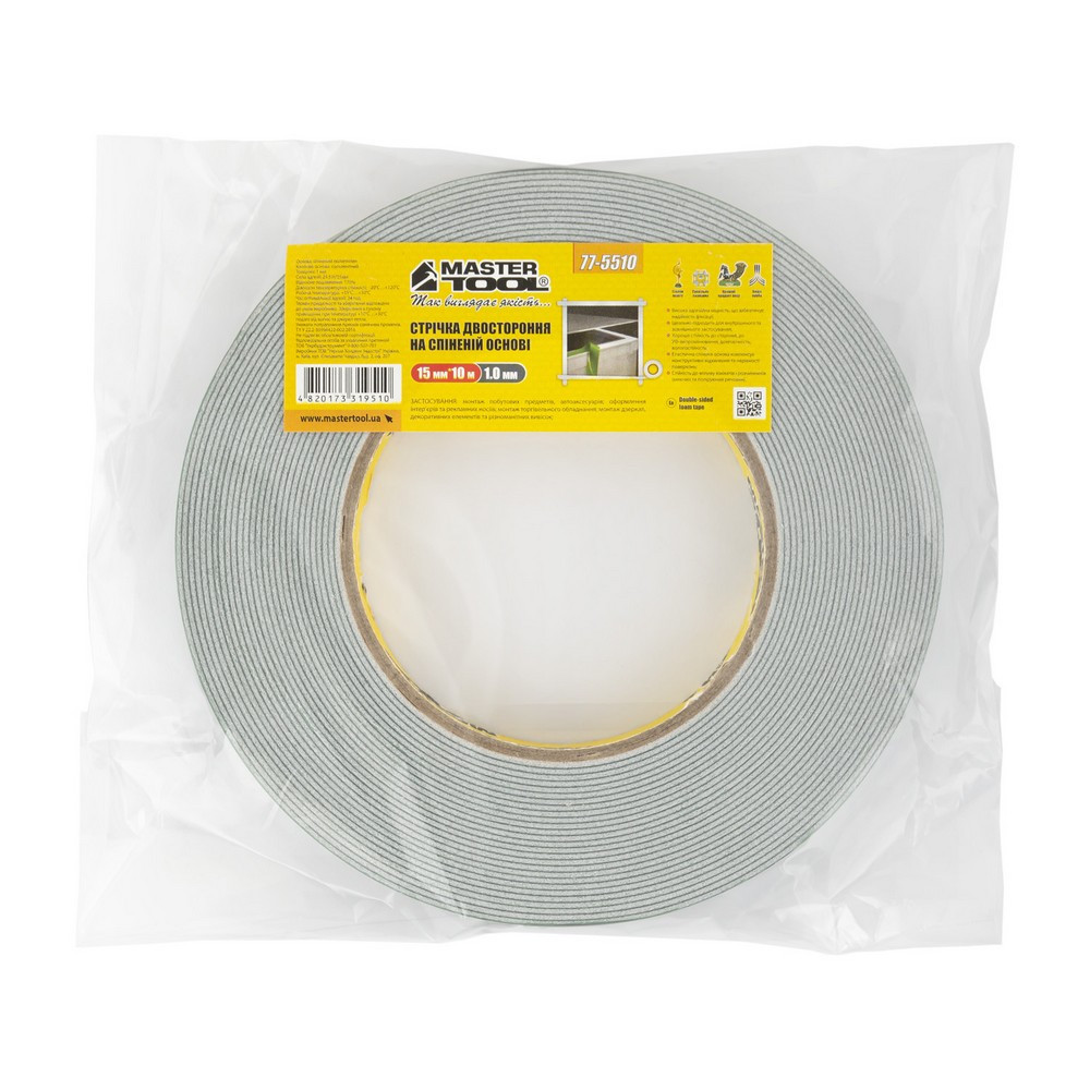 Лента двухсторонняя MASTERTOOL на вспененной основе 15 мм 10 м 77-5510 Харків - зображення 3