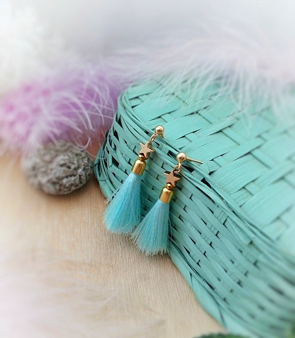 Літні мрії набір прикрас тіфані блакитний білий золотистий чокер китиця кольє намисто сережки китиці Луцьк - зображення 4