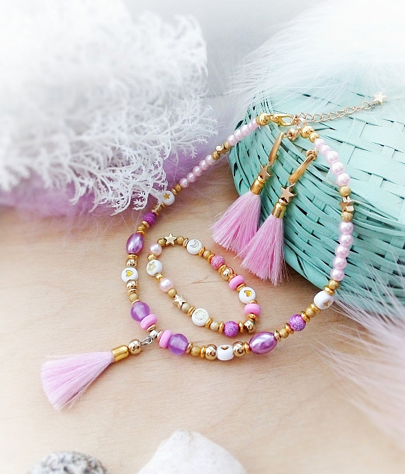 Літні мрії набір прикраси рожевий білий золотистий бузковий намисто чокер сережки Луцьк - зображення 3