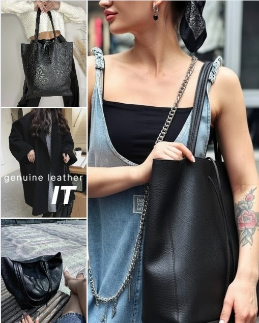 Чорна жіноча сумка-мішок шопер — натуральна шкіра, Італія Vera Pelle сумка TS000092 Запоріжжя - зображення 4