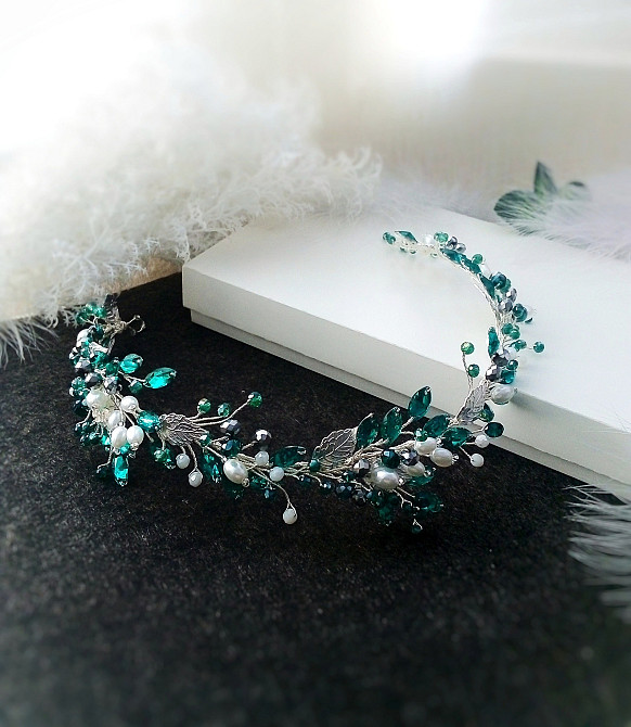 Ізабелла смарагдовий зелений білий вінок обруч м'який діадема голову перли кришталь листя святкова Луцьк - зображення 6