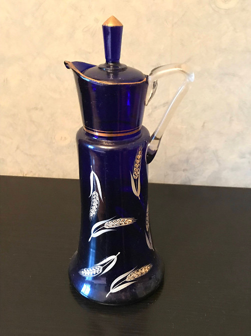 Винтажный кувшин "Колоски" для воды из многослойного, кобальтового стекла, ручной росписи. Дніпро - зображення 2