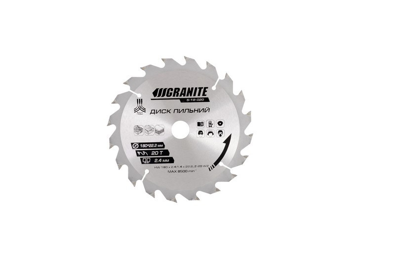 Диск пильный для дерева GRANITE с твердосплавными напайками 180х22.2х20Т адаптер 22.2-20 8400 об/мин Харків - зображення 1