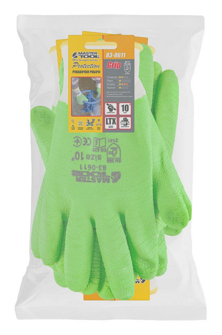 Перчатки трикотажные бесшовные MASTERTOOL полное ребристое латексное покрытие 10" подвес зеленые 83- Харьков - изображение 2