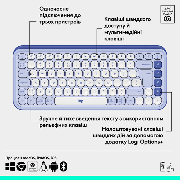 Клавиатура компьютерная безпроводная Logitech POP Icon Keys Lilac L920-013074 лиловая Київ - зображення 6