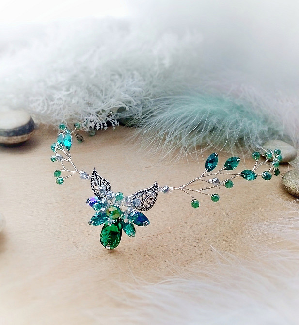 Ельфійська діадема тіара гілка смарагдовий зелений бірюзовий срібний ельф косплей тематичне свято Луцьк - зображення 2