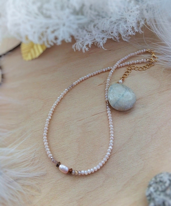 Чокер кольє намисто бежевий кремовий нюд тілесний натуральна перлина гематит мінерал камінь кришталь Луцьк - зображення 2