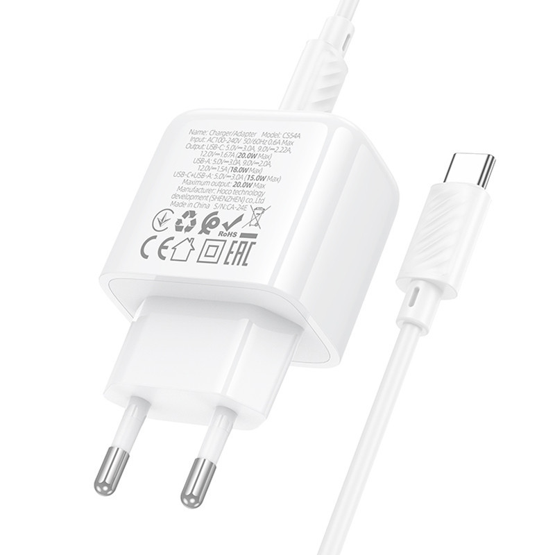 СЗУ Hoco CS54A Surplus PD20W+QC3.0 (1USB-A/1C) + кабель Type-C to Type-C Херсон - изображение 7