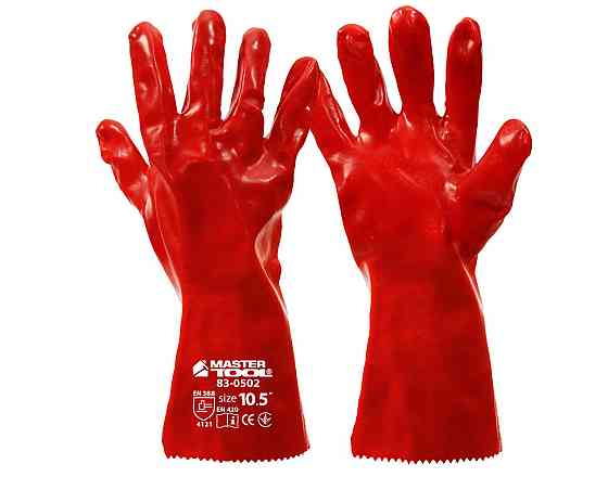 Перчатки кислотостойкие MASTERTOOL хлопковый трикотаж полное PVC покрытие манжет крага 350 мм 10.5"  Харків