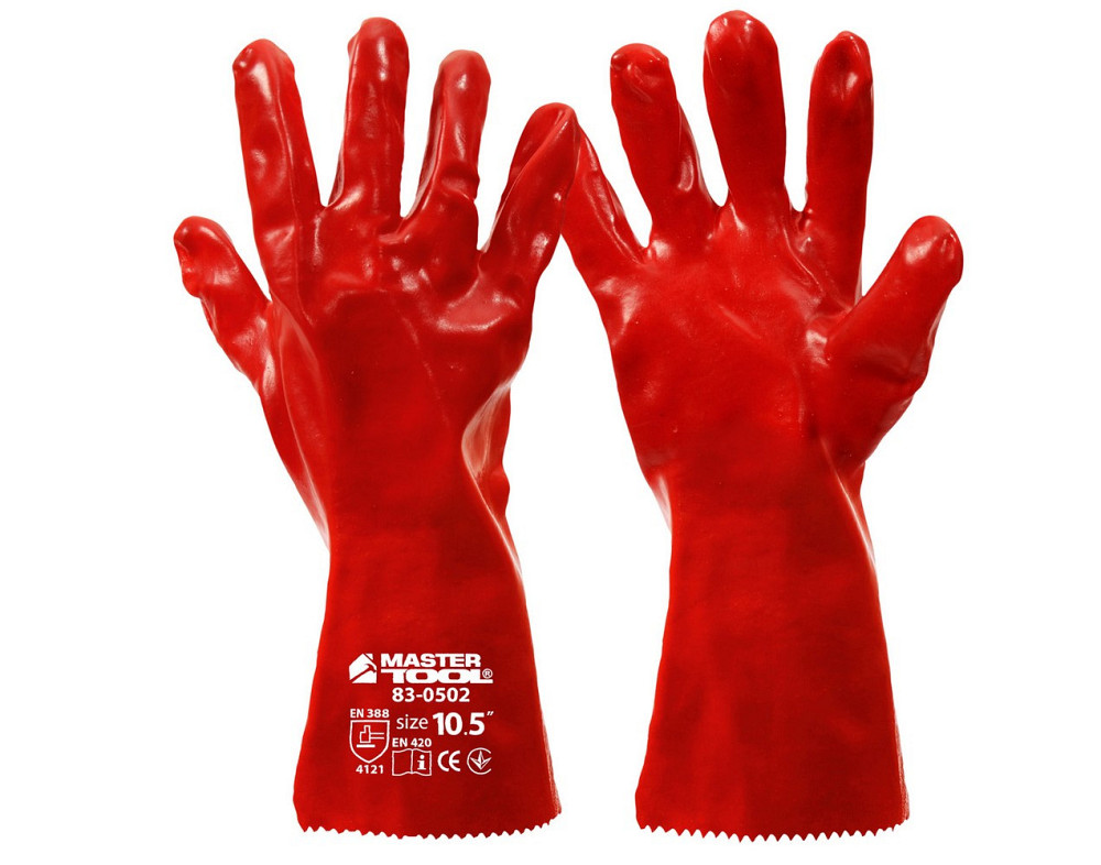 Перчатки кислотостойкие MASTERTOOL хлопковый трикотаж полное PVC покрытие манжет крага 350 мм 10.5"  Харків - зображення 1