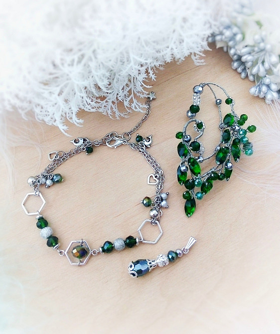 Набір ельфійський каффа браслет кулон зелений смарагдовий срібний підвіска Луцьк - зображення 1