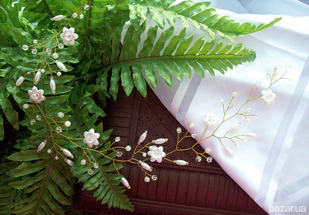 Гілочка для весільної святкової зачіски нареченій перли золотистий білий айворі тілесний Луцьк - зображення 2