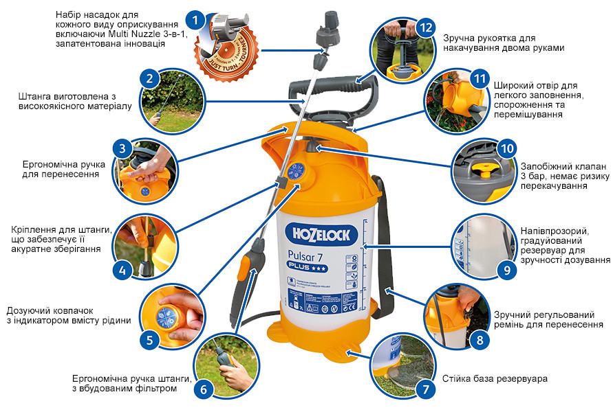 Опрыскиватель HoZelock 4311 Pulsar Plus 7 л + многорежимная форсунка Multi Nuzzle в комплекте Київ - зображення 3