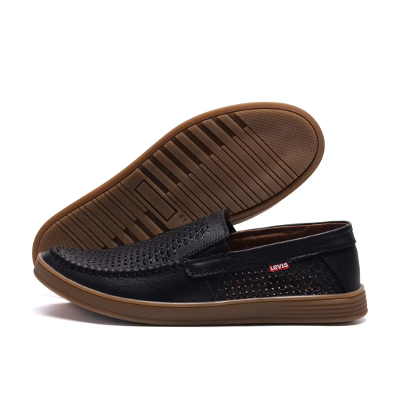 Мужские летние кожаные мокасины  LS перфорация Black Киев