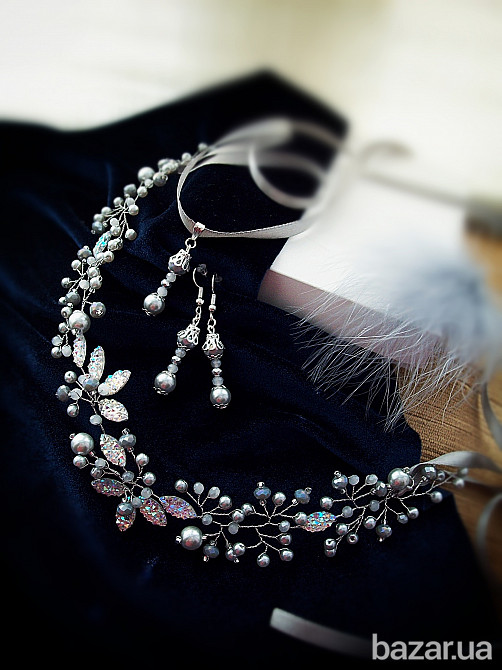 Перлинна мрія комплект срібний колір сірий перли намистини кришталь для волосся сережки Луцьк - зображення 1