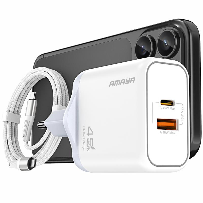 СЗУ Amaya E580T PD45W+QC3.0 GaN (1USB-A/1C) + кабель Type-C to Type-C Херсон - изображение 1