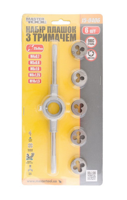 Плашки для нарезания резьбы MASTERTOOL M4/M5/M6/M8/M10 с держателем набор 6 шт 15-0406 Харків - зображення 2