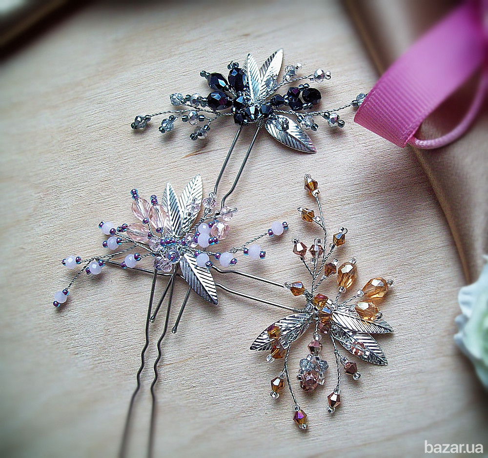 шпилька Мия янтарный розовый графитовый листок хрустальное украшение прическу Луцьк - зображення 1