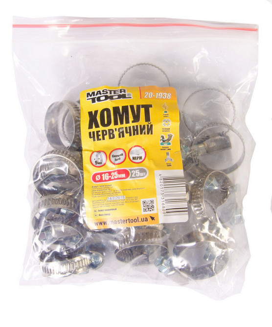 Хомут червячный MASTERTOOL German type W2 DIN 3017 9.0 мм Ø 16-25 мм 25 шт 20-1938 Харків - зображення 2