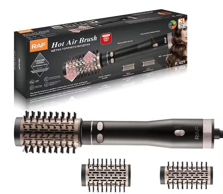 Фен браш стайлер з насадкою, що обертається RAF R.421 електричний гребінець Чорний 1000 Вт Киев - изображение 3